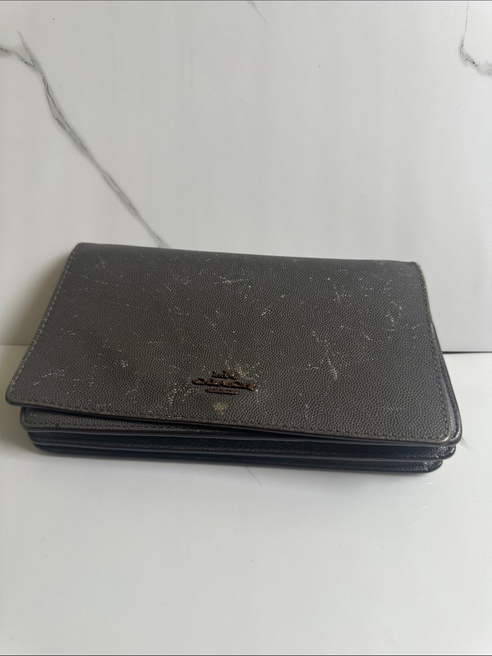 Coach Grey Pebbled Leather Fold-Over Wallet Burgundy Interior
